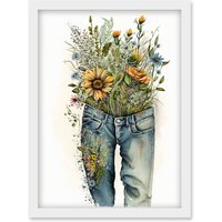 Artery8 Spring Wildflowers Bursting out of a Pair of Jeans Artwork Framed Wall Art Print A4 in White