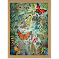 Artery8 Butterflies in a Spring Field Modern Folk Art Artwork Framed Wall Art Print A4 in Light Oak