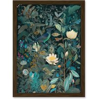Artery8 Audubon Style Birds in Blooming Wildflower Field Artwork Framed Wall Art Print A4 in Brown