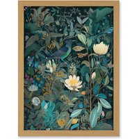Artery8 Audubon Style Birds in Blooming Wildflower Field Artwork Framed Wall Art Print A4 in Light Oak