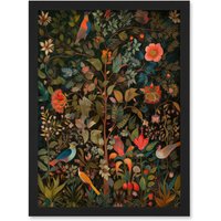 Artery8 Birds on Blooming Trees in Spring Modern Folk Art Artwork Framed Wall Art Print A4 in Black