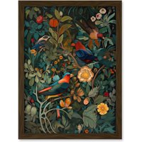 Artery8 Parrots on Exotic Blooming Trees Modern Folk Art Artwork Framed Wall Art Print A4 in Brown