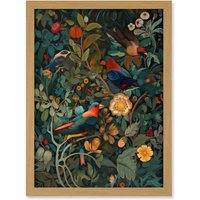 Artery8 Parrots on Exotic Blooming Trees Modern Folk Art Artwork Framed Wall Art Print A4 in Light Oak