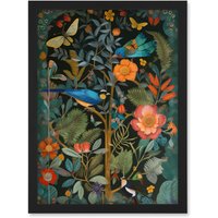 Artery8 Birds & Butterflies Modern Flower Art Nouveau Artwork Framed Wall Art Print A4 in Black
