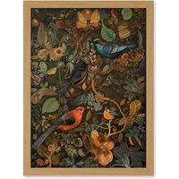 Artery8 Birds & Butterflies on Autumnal Tree Folk Art Artwork Framed Wall Art Print A4 in Light Oak