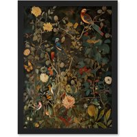 Artery8 Audubon Style Birds in Spring Flower Field Modern Artwork Framed Wall Art Print A4 in Black