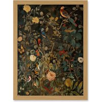 Artery8 Audubon Style Birds in Spring Flower Field Modern Artwork Framed Wall Art Print A4 in Light Oak