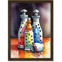 Artery8 Salt & Pepper Ceramic Shakers Modern Folk Art Artwork Framed Wall Art Print A4 in Brown