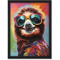 Artery8 Multicoloured Smiling Sloth Wearing Sunglasses Artwork Framed Wall Art Print A4 in Black