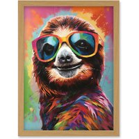 Artery8 Multicoloured Smiling Sloth Wearing Sunglasses Artwork Framed Wall Art Print A4 in Light Oak