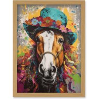 Artery8 Horse Wearing a Flower Summer Hat Multicoloured Artwork Framed Wall Art Print A4 in Light Oak