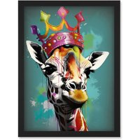 Artery8 Giraffe Wearing Rainbow Crown King Queen Pop Art Artwork Framed Wall Art Print A4 in Black