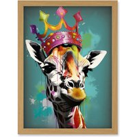 Artery8 Giraffe Wearing Rainbow Crown King Queen Pop Art Artwork Framed Wall Art Print A4 in Light Oak
