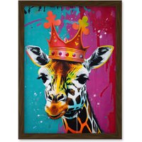 Artery8 King Queen Giraffe Wearing a Crown Modern Pop Art Artwork Framed Wall Art Print A4 in Brown
