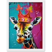 Artery8 King Queen Giraffe Wearing a Crown Modern Pop Art Artwork Framed Wall Art Print A4 in White
