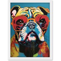 Artery8 English Bulldog Wearing Sunglasses Modern Pop Art Artwork Framed Wall Art Print A4 in White