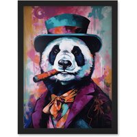 Artery8 Panda Portrait with Purple Suit Top Hat & Cigar Artwork Framed Wall Art Print A4 in Black