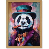 Artery8 Panda Portrait with Purple Suit Top Hat & Cigar Artwork Framed Wall Art Print A4 in Light Oak