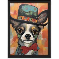 Artery8 Chihuahua Dog Top Hat & Bowtie Modern Folk Art Artwork Framed Wall Art Print A4 in Black
