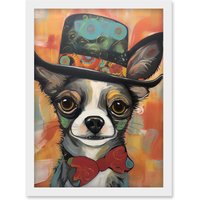 Artery8 Chihuahua Dog Top Hat & Bowtie Modern Folk Art Artwork Framed Wall Art Print A4 in White