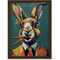 Artery8 Rabbit with Cheroot Cigars Wearing Suit Modern Artwork Framed Wall Art Print A4 in Brown