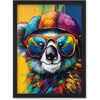 Artery8 Rainbow Koala Bear with Sunglasses & Hat Modern Artwork Framed Wall Art Print A4 in Black