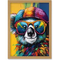 Artery8 Rainbow Koala Bear with Sunglasses & Hat Modern Artwork Framed Wall Art Print A4 in Light Oak