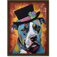 Artery8 Pit Bull Wearing Flower Top Hat Modern Pop Art Artwork Framed Wall Art Print A4 in Brown