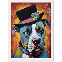 Artery8 Pit Bull Wearing Flower Top Hat Modern Pop Art Artwork Framed Wall Art Print A4 in White