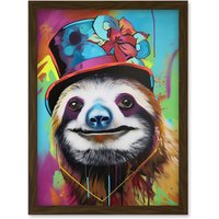 Artery8 Sloth Wearing Summer Hat Modern Pop Art Artwork Framed Wall Art Print A4 in Brown