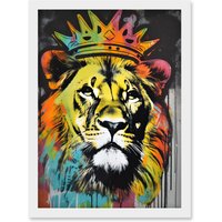 Artery8 King Lion wearing Crown Modern Stencil Graffiti Artwork Framed Wall Art Print A4 in White