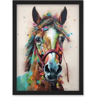 Artery8 Horse Multicoloured Spray Paint & Oil Painting Artwork Framed Wall Art Print A4 in Black