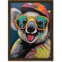 Artery8 Happy Koala Bear Sunglasses & Hat Modern Pop Art Artwork Framed Wall Art Print A4 in Brown