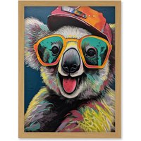Artery8 Happy Koala Bear Sunglasses & Hat Modern Pop Art Artwork Framed Wall Art Print A4 in Light Oak