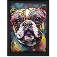 Artery8 English Bulldog Wearing Sunglasses Modern Detailed Artwork Framed Wall Art Print A4 in Black