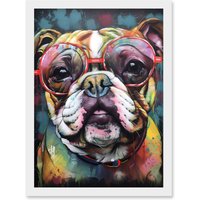 Artery8 English Bulldog Wearing Sunglasses Modern Detailed Artwork Framed Wall Art Print A4 in White