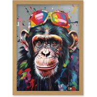 Artery8 Chimpanzee With Rainbow Sunglasses Modern Pop Art Artwork Framed Wall Art Print A4 in Light Oak