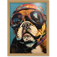 Artery8 Bulldog with Retro Motorcycle Goggles & Helmet Artwork Framed Wall Art Print A4 in Light Oak