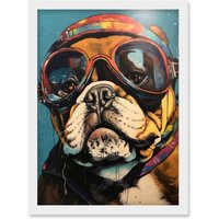 Artery8 Bulldog with Retro Motorcycle Goggles & Helmet Artwork Framed Wall Art Print A4 in White