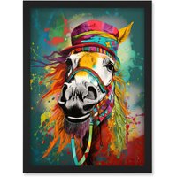 Artery8 Hippie Horse with Multicoloured Hat & Bridles Artwork Framed Wall Art Print A4 in Black