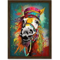 Artery8 Hippie Horse with Multicoloured Hat & Bridles Artwork Framed Wall Art Print A4 in Brown