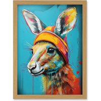 Artery8 Baby Kangaroo Joey Wearing Hat Teal & Orange Artwork Framed Wall Art Print A4 in Light Oak