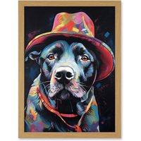 Artery8 Pit Bull Terrier Dog Red Cowboy Hat Portrait Artwork Framed Wall Art Print A4 in Light Oak