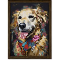 Artery8 Golden Retriever Dog with Floral Bandana Collar Artwork Framed Wall Art Print A4 in Brown