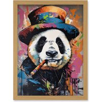Artery8 Panda Bear with a Suit Low Top Hat & a Cigar Artwork Framed Wall Art Print A4 in Light Oak