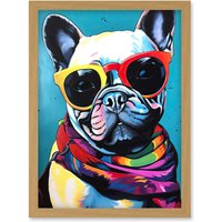 Artery8 French Bulldog in Sunglasses & Bandana Folk Art Artwork Framed Wall Art Print A4 in Light Oak