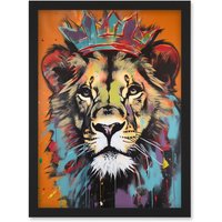 Artery8 Lion Wearing Crown Jungle King Animal Portrait Artwork Framed Wall Art Print A4 in Black