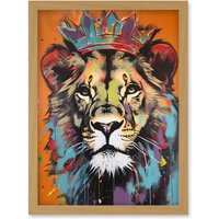 Artery8 Lion Wearing Crown Jungle King Animal Portrait Artwork Framed Wall Art Print A4 in Light Oak