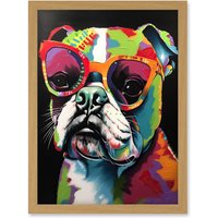 Artery8 Rainbow Colour English Bulldog Puppy in Sunglasses Artwork Framed Wall Art Print A4 in Light Oak