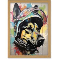 Artery8 German Shepherd Dog Wearing Motorcycle Helmet Artwork Framed Wall Art Print A4 in Light Oak